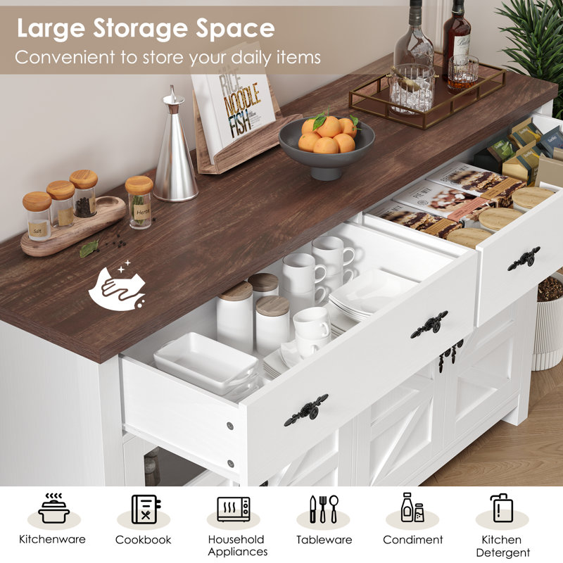 Almus 55'' Sideboard with 4 Glass Doors, 2 Large Drawers and Adjustable Shelves, White/Brown